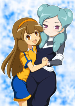 2girls aqua_hair belt beta_(inazuma_eleven) black_bodysuit black_border blue_background blue_shorts blush bodysuit border breasts brown_eyes brown_hair closed_mouth collared_shirt commentary double_bun hair_bun hairband highres holding_hands inazuma_eleven_(series) inazuma_eleven_go inazuma_eleven_go_chrono_stone long_hair looking_at_viewer medium_breasts multiple_girls open_mouth orange_hairband outline protocol_omega purple_eyes raimon raimon_soccer_uniform shirt shorts smile soccer_uniform sportswear takappe white_belt white_outline yellow_shirt