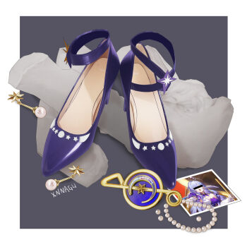 1girl artist_name bar_censor beads blue_footwear border censored censored_identity dress foot_focus grey_background high_heels highres jewelry necklace photo_(object) pumps purple_dress purple_footwear shoes simple_background solo stiletto_heels strappy_heels white_border xnnagu