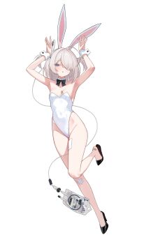 1girl :o absurdres ahoge alternate_costume animal_ears armpits arms_up bandaged_leg bandages bare_legs bare_shoulders bebetang black_sandals black_survival blue_eyes bow bowtie breasts commentary covered_navel detached_collar english_commentary eternal_return:_black_survival eyepatch fake_animal_ears full_body hair_over_one_eye high_heels highleg highleg_leotard highres leg_up leotard looking_at_viewer medium_hair open_mouth playboy_bunny rabbit_ears rabbit_pose sandals simple_background sissela_kyle small_breasts solo strapless strapless_leotard thighs two_side_up white_background white_hair white_leotard wrist_cuffs