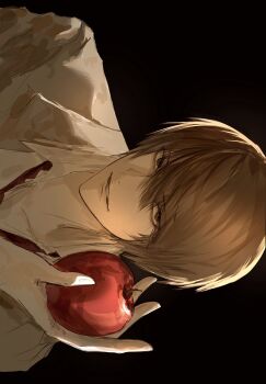 1boy apple black_background brown_hair collared_shirt death_note food fruit hair_between_eyes highres holding holding_food holding_fruit looking_at_viewer male_focus necktie parted_lips red_necktie shirt short_hair sideways simple_background solo teeth white_shirt xl_0126 yagami_light