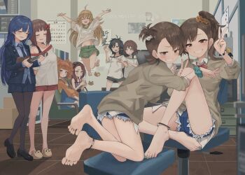 6+girls absurdres ahoge amami_haruka animal_slippers anklet aqua_eyes arms_up barefoot bead_bracelet beads black_bow black_eyes black_hair black_shoes black_shorts blonde_hair blue_dress blue_hair blue_jacket blue_necktie blue_shirt blue_shorts blue_skirt bow bowtie bracelet breasts brown_cardigan brown_eyes brown_hair cardigan chair closed_eyes collarbone collared_shirt commentary_request copyright_name double_v dress drill_hair drinking feet futami_ami futami_mami green_nails green_skirt grey_pantyhose grin guitar hagiwara_yukiho hair_bow hair_ornament hair_scrunchie highres holding holding_guitar holding_instrument holding_ukulele hoshii_miki idolmaster idolmaster_(classic) indoors instrument jacket jewelry jumping kikuchi_makoto kisaragi_chihaya laki loafers long_hair looking_at_viewer medium_hair midriff minase_iori multiple_girls nail_polish navel necktie on_chair one_side_up orange_shirt p-head_producer pantyhose parted_bangs pinafore_dress pink_eyes producer_(idolmaster) red_bow red_bowtie red_shirt scrunchie shirt shoes short_shorts shorts siblings sisters sitting skirt sleeveless sleeveless_dress slippers smile smug soles takatsuki_yayoi toenail_polish toenails toes twin_drills twins ukulele v white_shirt wrist_scrunchie