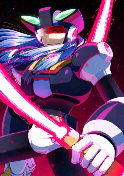 1boy armor black_armor black_helmet blue_hair cowboy_shot double_bladed_lightsaber dual_wielding dynamo_(mega_man) energy_sword helmet holding holding_sword holding_weapon lightsaber male_focus medium_hair mega_man_(series) mega_man_x_(series) solo sword sznami129 weapon