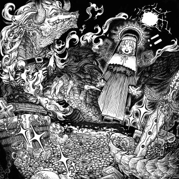 Rule 34 | !, !!, 1girl, :o, capelet, cave interior, coin, collar, commentary request, dola (nijisanji), dragon, drawn wings, dress, fire, full body, greyscale, halo, hatching (texture), highres, horns, jewelry, linear hatching, long dress, long sleeves, monochrome, monsterification, nijisanji, nun, nun headdress, planted, planted sword, planted weapon, scales, shou-star, sister claire, sister claire (1st costume), sparkle, spiked halo, standing, surprised, sweatdrop, sword, treasure, treasure chest, virtual youtuber, weapon