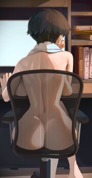1girl absurdres ass at_computer back backboob black_hair book bookshelf breast_rest breasts casual_nudity chair cheek_rest completely_nude curvy desk from_behind highres huge_ass huge_breasts indoors large_breasts monitor narrow_waist nude on_chair original scarf shiny_skin short_hair sitting solo tagua white_scarf