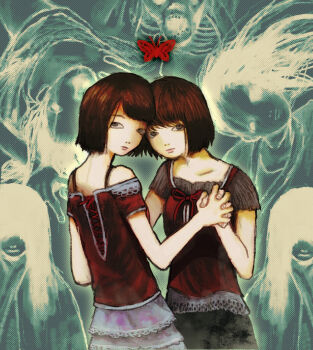 2girls amakura_mayu amakura_mio bob_cut bow brown_hair collarbone fatal_frame fingernails highres holding_hands horror_(theme) lace_trim lips multiple_girls pale_skin plastiboo shirt short_sleeves teeth