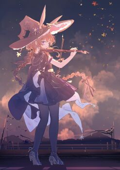 1girl absurdres ambience_synesthesia amiya_(arknights) amiya_(medic)_(arknights) amiya_(medic)_(solo_around_the_world)_(arknights) animal animal_ears arknights black_bow black_dress black_hat black_pantyhose blue_eyes blue_sky bow bow_(music) braid brown_hair bug butterfly closed_mouth cloud commentary_request dress ears_through_headwear floating_hair from_behind hair_bow hat high_heels highres holding holding_instrument insect instrument long_hair official_alternate_costume outdoors pantyhose rabbit_ears sao7 sky smile solo standing sunset very_long_hair violin witch_hat