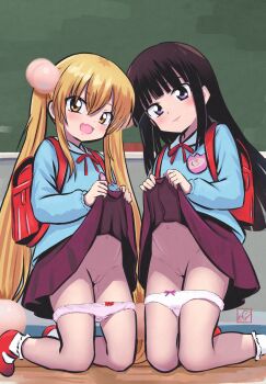 2girls absurdres backpack bag black_hair blonde_hair bow bow_panties cleft_of_venus clothes_lift commentary elementary_(lolipope) highres kagami_kuro kneeling kodomo_no_jikan kokonoe_rin lifting_own_clothes loli long_hair multiple_girls panties panty_pull pussy randoseru skirt skirt_lift twintails underwear