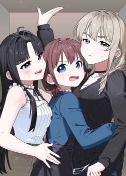 3girls absurdres awa_subaru bare_arms black_choker black_hair black_skirt black_sweater blue_eyes blue_shirt blush choker closed_mouth commentary_request earclip girl_sandwich girls_band_cry grey_eyes grey_hair habsida_(habsida_hpy) hand_on_another&#039;s_waist highres iseri_nina kawaragi_momoka korean_commentary long_hair long_sleeves multiple_girls one_eye_closed open_mouth purple_eyes red_hair redrawn sandwiched shirt short_twintails skirt sleeveless sleeveless_shirt smile stuck_in_a_box suspender_skirt suspenders sweatdrop sweater twintails upper_body white_shirt yuri