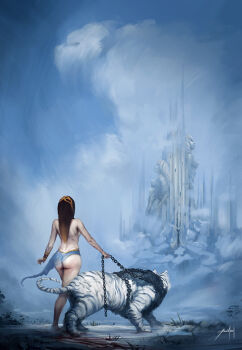 1girl ass blue_sky brown_hair building chain chain_leash cloud commentary english_commentary fantasy from_behind jjcanvas landscape leash long_hair original painterly revealing_clothes scenery see-through_loincloth signature sky statue tiger tower white_tiger