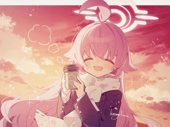1girl ^_^ ahoge artist_name black_jacket blue_archive blush closed_eyes cloud cloudy_sky commentary cup disposable_cup facing_viewer fang hair_between_eyes hair_flaps halo hands_up highres holding holding_cup hoshino_(blue_archive) huge_ahoge jacket kasuga_haruhi light_particles long_hair long_sleeves md5_mismatch open_mouth orange_sky outdoors pink_hair pink_halo resolution_mismatch scarf skin_fang sky smile solo source_larger upper_body white_scarf