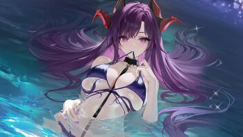 1girl afloat azur_lane bikini black_choker blue_bikini breasts choker game_asset highres large_breasts long_hair looking_at_viewer mouth_hold non-web_source official_art purple_eyes purple_hair solo sparkle stomach string swimsuit u-2501_(azur_lane) u-2501_(treasure_behind_the_water_curtain)_(azur_lane) very_long_hair water