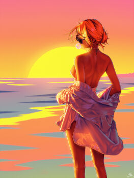 1girl a.x. absurdres bare_shoulders beach breasts chewing_gum feet_out_of_frame from_behind golden_hour hair_bun highres horizon looking_to_the_side ocean one-piece_swimsuit orange_sky original shirt shore sideboob single_hair_bun sky solo sun sunglasses sunset swimsuit undressing white_one-piece_swimsuit white_shirt