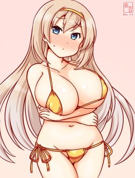Rule 34 | 1girl, artist logo, bikini, blonde hair, blue eyes, commentary request, covered erect nipples, covered navel, crossed arms, dated, gold bikini, gold hairband, gradient background, groin, hairband, kanon (kurogane knights), kantai collection, logo, long hair, looking at viewer, lowleg, lowleg bikini, micro bikini, pink background, side-tie bikini bottom, solo, swimsuit, victorious (kancolle)