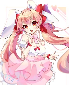 Rule 34 | 1girl, animal ears, bare shoulders, bow, bowtie, breasts, di gi charat, dress, fake animal ears, female focus, frilled dress, frills, hair between eyes, hair bow, hair ornament, heart, highres, long hair, looking at viewer, multiple hair bows, off-shoulder, off-shoulder dress, off shoulder, open mouth, pink bow, pink bowtie, pink hair, puffy sleeves, rabbit ears, red bow, red eyes, reiwa no di gi charat, solo, twintails, usada hikaru, user cmjs2472, very long hair