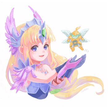 Rule 34 | 1girl, armor, armored dress, artist name, asymmetrical armor, blonde hair, blue eyes, blue gloves, braid, breasts, commentary request, cropped torso, dress, forehead jewel, gloves, green gloves, green ribbon, hair tie, helmet, highres, jewelry, long hair, low-tied long hair, medium breasts, multicolored gloves, multiple wings, official alternate costume, outstretched arms, parted bangs, parted lips, pink gloves, ribbon, riesz, seiken densetsu, seiken densetsu 3, sidelocks, single braid, single shoulder pad, smile, taruneko2006, two-tone gloves, winged helmet, wings