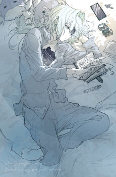 1boy anaxa_(honkai:_star_rail) bed_sheet book cellphone coin commentary_request dromas_(honkai:_star_rail) eyepatch frown galaxy hair_intakes half-closed_eyes hand_up highres hole_in_chest hole_on_body hollow_body honkai:_star_rail honkai_(series) long_hair looking_to_the_side lv_minus999 lying male_focus on_side open_book pajamas partially_open_shirt phone ponytail reading solo stuffed_dinosaur testicles watermark