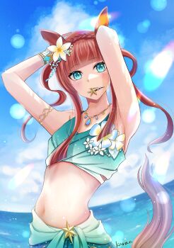 1girl absurdres animal_ears armpits arms_behind_back blue_eyes blush breasts commentary_request halcioneis highres horse_ears horse_girl jewelry lens_flare long_hair looking_at_viewer navel necklace ocean official_alternate_costume orange_hair silence_suzuka_(emerald_on_the_waves)_(umamusume) silence_suzuka_(racehorse) silence_suzuka_(umamusume) sky small_breasts smile swimsuit umamusume