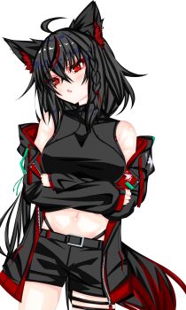 1girl :o ahoge animal_ear_fluff animal_ears averting_eyes belt black_belt black_hair black_jacket black_panties black_shirt black_shorts check_clothing clothing_request commentary_request crossed_bangs detached_sleeves fang fox_ears fox_girl fox_tail hair_between_eyes highres hololive jacket jacket_partially_removed kurokami_fubuki long_hair midriff navel open_mouth panties partial_commentary red_eyes red_hair red_trim reddo9 shirt shorts single_hair_streak skin_fang solo tail thigh_strap underwear virtual_youtuber