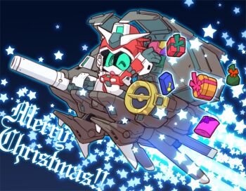 aqua_eyes chibi christmas dendrobium_schema flying gift gundam gundam_0083 gundam_gp-03_stamen looking_at_viewer mecha merry_christmas no_humans one_eye_closed open_hand robot solo star_(symbol) susagane v-fin