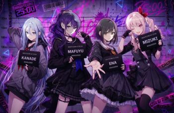1other 3girls akiyama_mizuki aqua_neckerchief asahina_mafuyu black_gloves black_hair black_jacket black_sailor_collar black_serafuku black_shirt black_skirt black_thighhighs blue_eyes caution_tape commentary_request fingerless_gloves gloves grey_eyes grey_hair grey_hoodie height_mark highres holding holding_sign hood hood_down hoodie jacket lineup long_hair looking_at_viewer multiple_girls neckerchief one_eye_closed open_clothes open_jacket pink_eyes pink_hair pinstripe_pattern pinstripe_skirt pleated_skirt ponytail project_sekai purple_eyes purple_hair red_neckerchief sailor_collar saint_laurent_paris school_uniform serafuku shinonome_ena shirt sign skirt standing thighhighs very_long_hair white_sailor_collar yoisaki_kanade