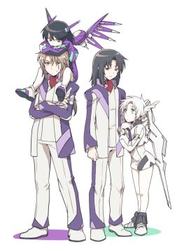 Rule 34 | 2boys, 2girls, alvis uniform, ankle boots, aqua eyes, arm hug, black hair, boots, brown hair, carrying, commentary request, cropped jacket, crossed arms, dress, full body, height difference, horns, jacket, light smile, long hair, makabe kazuki, mark nicht, mark sein, mechanical horns, mechanical wings, minashiro soushi, multiple boys, multiple girls, nagi (exsit00), open clothes, open jacket, pants, personification, red eyes, scar, scar across eye, scar on face, short hair, shoulder carry, simple background, soukyuu no fafner, vest, white background, white dress, white hair, wings
