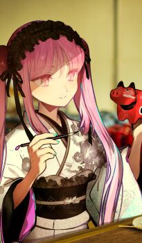 1girl akira_(kaned_fools) aqua_nails black_sash closed_mouth commentary_request euryale_(fate) euryale_(over_the_same_sky)_(fate) fate/grand_order fate_(series) fingernails game_cg hairband holding holding_paintbrush indoors japanese_clothes kimono lolita_hairband long_hair long_sleeves obi obiage obijime official_art paintbrush photo_background purple_eyes purple_hair rectangular_pupils sash sculpture sidelocks smile solo third-party_source twintails upper_body very_long_hair white_kimono wide_sleeves