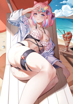 1girl absurdres ass beach beach_umbrella bikini blue_hair blue_nails blush breasts d._joko double_bun food hair_bun highres large_breasts looking_at_viewer lying medium_hair multicolored_hair navel on_side original parfait pink_hair purple_eyes scenery see-through_clothes smile solo sunglasses swimsuit thighs umbrella