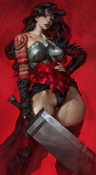 1girl absolute_dc absolute_wonder_woman aleriia_v arm_tattoo arm_wrap armor armored_leotard black_hair black_lips blood bloody_weapon blue_eyes boots breastplate dc_comics feet_out_of_frame fingerless_gloves full_body gloves greatsword hand_on_own_hip highres holding holding_sword holding_weapon huge_weapon leotard lipstick long_hair looking_at_viewer makeup official_alternate_costume parted_lips red_tattoo shoulder_armor shoulder_pads solo standing sword tattoo tattoo_sleeve thigh_boots thighs wavy_hair weapon wonder_woman wonder_woman_(series)