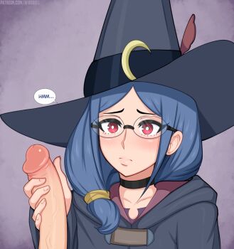 1boy 1girl afrobull bad_id bad_pixiv_id black_hair blush choker erection glasses hat holding holding_wand hooded_robe little_witch_academia luna_nova_school_uniform pale_skin penis penis_grab red_eyes robe school_uniform speech_bubble uncensored ursula_callistis wand witch witch_hat
