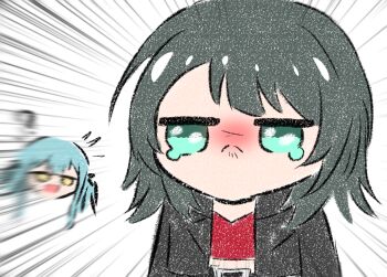 Rule 34 | 2girls, bang dream!, bang dream! it's mygo!!!!!, black hair, black jacket, blue hair, blush, chibi, chibi only, chinese commentary, commentary request, highres, jacket, jo8blhrvkta6duw, long hair, multiple girls, open mouth, red shirt, shirt, togawa sakiko, two side up, white background, yahata umiri, yellow eyes