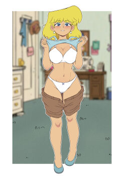 1girl absurdres bag bedroom blonde_hair blue_bow blue_eyes blue_eyeshadow blue_shirt blue_shoes blush bow bow_panties bra breasts brown_hat brown_shorts bulletin_board chest_of_drawers cleavage clothes_lift clothes_pull collarbone crotch_seam desk door earrings eyeshadow grin handbag hat highres jewelry large_breasts looking_at_viewer lori_loud makeup morfinared navel nickelodeon open_fly panties sewing_machine shirt shirt_lift shoes short_hair shorts shorts_pull smile standing tank_top teeth the_loud_house underwear unworn_hat unworn_headwear white_bra white_panties