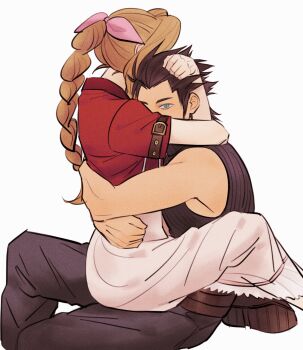 1boy 1girl aerith_gainsborough arm_around_neck arms_around_neck bare_shoulders black_hair blue_eyes braid braided_ponytail brown_hair cheek-to-cheek couple crisis_core_final_fantasy_vii dress feet_out_of_frame final_fantasy final_fantasy_vii final_fantasy_vii_remake from_side hair_ribbon hand_on_another&#039;s_head heads_together highres hug jacket leg_lock long_hair looking_at_viewer pink_dress pink_ribbon ponytail red_jacket ribbon short_hair sitting sitting_on_lap sitting_on_person sleeveless sleeveless_turtleneck spiked_hair sweater sylvthea turtleneck turtleneck_sweater white_background zack_fair