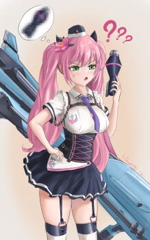 Rule 34 | 1girl, breasts, flower, goddess of victory: nikke, green eyes, hair flower, hair ornament, hat, highres, long hair, looking at viewer, open mouth, pink hair, police, police uniform, policewoman, quiry (nikke), ronal 1710, shirt, short sleeves, skirt, thighhighs, twintails, very long hair, white shirt