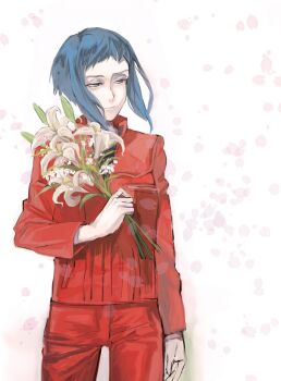 blue_eyes blue_hair cropped_legs flower ghost_in_the_shell ghost_in_the_shell_arise holding holding_flower jacket kusanagi_motoko looking_at_viewer lsunl pants pink_flower red_jacket red_pants white_background