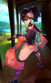 1girl armor ass bad_id bad_twitter_id black_hair brown_eyes comb commentary english_commentary flower hair_flower hair_ornament hand_on_hilt japanese_armor japanese_clothes katana kimono kote kurokote leaf leaf_on_head looking_back momohime oboro_muramasa optionaltypo over-kneehighs pink_thighhighs sandals scabbard sheath sheathed short_kimono shoulder_armor sode solo standing striped_clothes striped_thighhighs sword tabi thighhighs thighs twisted_torso updo vanillaware weapon