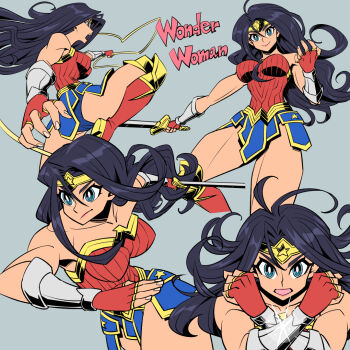 animification armor bare_shoulders black_hair black_tiara blue_eyes boots bracer bright_pupils character_name collarbone dc_comics english_text faulds fingerless_gloves glint gloves grey_background hair_between_eyes holding holding_lasso holding_sword holding_weapon knee_boots knee_guards lasso lasso_of_truth leotard long_hair looking_at_viewer muscular muscular_female open_mouth red_footwear red_leotard smile star_(symbol) strapless strapless_leotard sunafuki_tabito superhero_costume sword tiara weapon wonder_woman wonder_woman_(series)