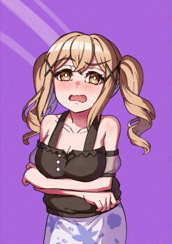 1girl absurdres bang_dream! black_shirt blush breasts brown_eyes brown_hair cleavage collarbone commentary detached_sleeves hair_ornament highres ichigaya_arisa junji_17 large_breasts long_hair open_mouth purple_background shirt solo twintails x_hair_ornament