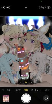 1boy 4girls animal_ears blonde_hair blue_hair blush braid breasts camera camera_phone cellphone censored cleavage cooperative_fellatio detached_collar erection fellatio fffm_foursome green_eyes harem heart heart_censor hetero highres hololive huge_penis japanese_text large_breasts licking licking_penis lipstick lipstick_mark lipstick_mark_on_penis looking_at_viewer makeup male_pubic_hair momosuzu_nene multiple_girls nii-san omaru_polka open_mouth oral penis phone pointy_ears pov pov_crotch pubic_hair purple_eyes shishiro_botan smartphone sweat teamwork_(sexual) tongue tongue_out user_interface v viewfinder virtual_youtuber white_hair yellow_eyes yukihana_lamy