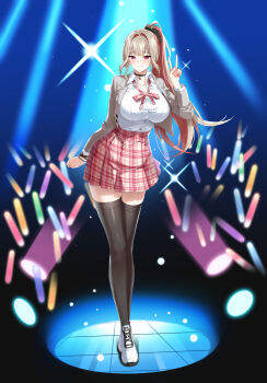 1girl absurdres black_background black_choker black_scrunchie black_thighhighs blonde_hair blue_background bracelet breasts choker closed_mouth closers collared_shirt colored_inner_hair crossed_ankles dark_background full_body glowstick gradient_background grey_jacket hair_ornament hair_scrunchie hand_up highres idol jacket jewelry large_breasts leaning_to_the_side long_hair looking_at_viewer miniskirt multicolored_hair neck_ribbon official_art open_clothes open_jacket pink_hair pink_nails pink_ribbon pink_skirt plaid_clothes plaid_ribbon plaid_skirt pleated_skirt ponytail red_eyes ribbon school_uniform scrunchie shirt shoes skirt smile sneakers solo sparkle stage stage_lights standing streaked_hair tachi-e thighhighs v white_shirt white_shoes yoon_ria_(closers) zettai_ryouiki