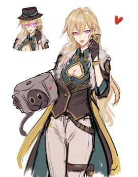 1girl animal aventurine_(honkai:_star_rail) black_coat black_gloves black_hat black_vest blonde_hair breasts cake_cat_(honkai:_star_rail) cellphone cleavage coat collared_shirt commentary_request fur-trimmed_coat fur_trim genderswap genderswap_(mtf) gloves green_shirt grey_pants hair_between_eyes hand_up hat heart highres holding holding_animal holding_phone honkai:_star_rail honkai_(series) jhenny345 long_hair looking_at_viewer medium_breasts multiple_views neck_tattoo open_mouth pants phone purple-tinted_eyewear purple_eyes shirt smartphone smile spanish_commentary sunglasses tattoo tinted_eyewear trailblazer_(honkai:_star_rail) trailblazer_(trash_cake)_(honkai:_star_rail) vest