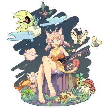 1girl altaria amoonguss animal_ears bad_id bad_pixiv_id barefoot blue_eyes bonsly butterfree clefairy coin crobat gastly gen_1_pokemon gen_2_pokemon gen_3_pokemon gen_4_pokemon gen_5_pokemon gloom_(pokemon) grass guitar hoppip icywood instrument jewelry jigglypuff jumpluff lunatone meowth necklace nintendo oddish open_mouth outdoors personification pokemon pokemon_(creature) sitting slakoth tail tree_stump whismur yawning