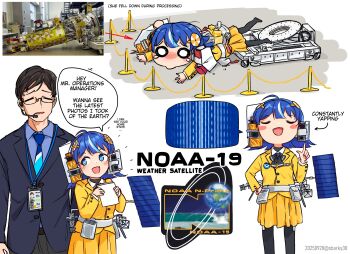 1boy 1girl :d ^^^ ahoge belt black_bow black_bowtie black_pantyhose blue_eyes blue_hair blue_necktie blue_suit blush blush_stickers bow bowtie brown_hair buttons closed_eyes collared_shirt commentary crying crying_with_eyes_open dated doyagao earpiece english_commentary english_text fallen_down formal_clothes head_bump highres holding holding_paper id_card lanyard logo long_sleeves looking_at_another medium_hair motor_vehicle national_oceanic_and_atmospheric_administration necktie noaa-19 object_and_personification open_mouth original pantyhose paper personification photo_inset pleated_skirt pointing pointing_up radio_antenna reference_inset remove_before_flight_tag satellite sbarky38 shirt short_hair skirt smile smug solar_panel solid_circle_eyes spacecraft speech_bubble suit tears twitter_username wheel white_belt white_eyes yellow_shirt yellow_skirt
