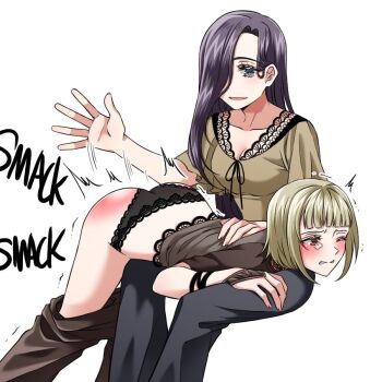 artist_request bent_over black_hair black_panties blonde_hair blush drag-on_dragoon drag-on_dragoon_2 english_text grey_eyes hair_over_one_eye long_hair lying_on_lap manah motion_lines non-web_source on_lap one_eye_closed original panties pulled_down_pants red_eyes short_hair simple_background source_request spanked spanking square_enix tearing_up tears underwear