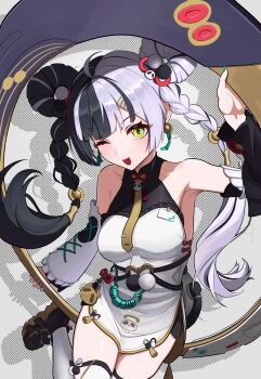 1girl animal_print aqua_nails armpits bare_shoulders bear_print black_hair black_shoes braid braided_twintails breasts chakram china_dress chinese_clothes commentary_request dialyn_(zenless_zone_zero) dress earrings green_nails grey_background hair_ornament hairclip highres holding holding_weapon id_card jewelry long_hair looking_at_viewer multicolored_hair multicolored_nails necktie one_eye_closed open_mouth panda_hair_ornament panda_print red_nails ru_wan_chi shoes solo split-color_hair standing standing_on_one_leg thighhighs twintails weapon white_hair white_thighhighs wire yellow_eyes yellow_necktie zenless_zone_zero