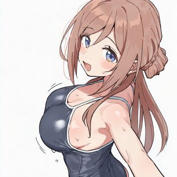 1girl blue_eyes blue_one-piece_swimsuit blush breasts brown_hair cleavage from_side gakuen_idolmaster hair_bun highres himesaki_rinami idolmaster large_breasts lati2 long_hair one-piece_swimsuit open_mouth reaching sideboob single_hair_bun smile solo swimsuit wet white_background