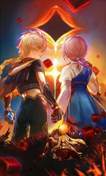 1boy 2girls aether_(genshin_impact) ahoge back baggy_pants bare_back bare_shoulders black_boots black_corset black_gloves black_pants black_shirt blonde_hair blue_dress blue_gemstone blue_sky boots braid brother_and_sister brown_pants commentary corset cowboy_shot cube detached_sleeves direidyth_(genshin_impact) dress english_commentary floating_hair flower full_body gauntlets gem genshin_impact gloves grass hair_between_eyes hair_flower hair_ornament highres holding holding_hands juliet_sleeves long_hair long_sleeves looking_at_another low_ponytail lumine_(genshin_impact) lying midriff multiple_girls multiple_views no_eyes on_back open_mouth outdoors pants pinafore_dress pink_hair ponytail portal_(object) puffy_sleeves scarf seiza shirt short_hair short_ponytail short_sleeves siblings sidelocks sitting sky sleeveless sleeveless_dress standing star_(symbol) teeth thijikoy white_dress white_flower white_scarf white_shirt white_sleeves wide_sleeves yellow_eyes