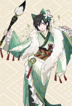 1girl black_hair bow brown_eyes calligraphy_brush closed_mouth commentary_request cowboy_shot final_fantasy final_fantasy_vii final_fantasy_vii:_ever_crisis flower flower_knot frilled_kimono frills fur_scarf green_bow green_kimono hair_bow hair_flower hair_ornament highres hnsk_013 holding holding_calligraphy_brush holding_paintbrush japanese_clothes kimono light_smile obi official_alternate_costume paintbrush patterned_background sash short_hair solo sparkle tassel twitter_username white_flower yuffie_kisaragi yuffie_kisaragi_(heirloom_kimono)