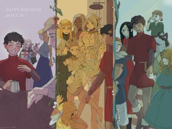 6+boys 6+girls arm_tattoo birthday black_eyes black_hair blonde_hair blue_eyes bouquet braid brown_hair cake chest_tattoo cithis dark-skinned_female dark-skinned_male dark_elf dark_skin dated dia_(dungeon_meshi) dog_boy dress dungeon_meshi dwarf elf facial_mark fairy fairy_(dungeon_meshi) fleki flower food forehead_mark gift gnome gorget grey_eyes grey_hair hair_around_ear halfling happy_birthday highres holding holding_bouquet holding_hands holding_party_popper holm_kranom kabru kobold kuro_(dungeon_meshi) laios_touden long_hair long_sleeves low_twintails lycion marcille_donato medium_hair mickbell_tomas milsiril mithrun momite_(3sita_yarou) mother_and_son multiple_boys multiple_girls notched_ear otta_(dungeon_meshi) party party_popper pattadol pointy_ears rin_(dungeon_meshi) shirt short_hair smile tattoo topless_male tunic twintails very_short_hair yellow_eyes