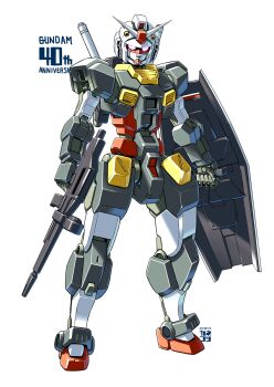 alternate_design anniversary beam_rifle commentary_request energy_gun energy_sword glowing glowing_eyes gun gundam highres holding holding_gun holding_shield holding_weapon kaneko_tsukasa looking_down mecha mecha_focus mobile_suit mobile_suit_gundam no_humans pink_eyes redesign rifle robot rx-78-2_gundam rx-78-2_real_type science_fiction shield solo standing sword v-fin weapon white_background