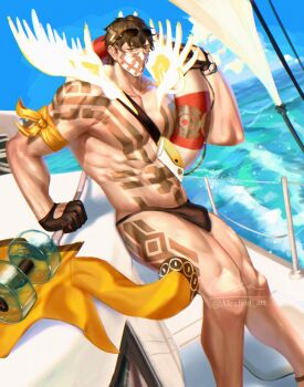 1boy abs artist_name bara blue_sky boat brown_gloves brown_male_swimwear bulge commentary dumbbell eikthyrnir_(fire_emblem) eikthyrnir_(summer)_(fire_emblem) english_commentary eyewear_on_head fire_emblem fire_emblem_heroes gloves highres hinnab_art jacket looking_at_viewer male_focus male_swimwear mask mouth_mask muscular muscular_male nintendo ocean pectorals signature sky sunglasses swim_ring topless_male unworn_jacket watercraft yellow_jacket